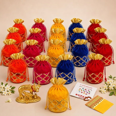 Gold-trimmed velvet drawstring potli bags in red orange yellow and blue with diamond lattice design for Varalakshmi Vratham gifts