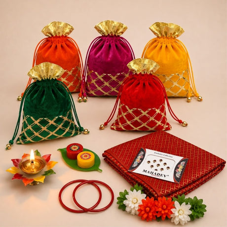 Colorful velvet potli bags with gold-trimmed lattice patterns and metallic flaps for religious and festive gift hampers