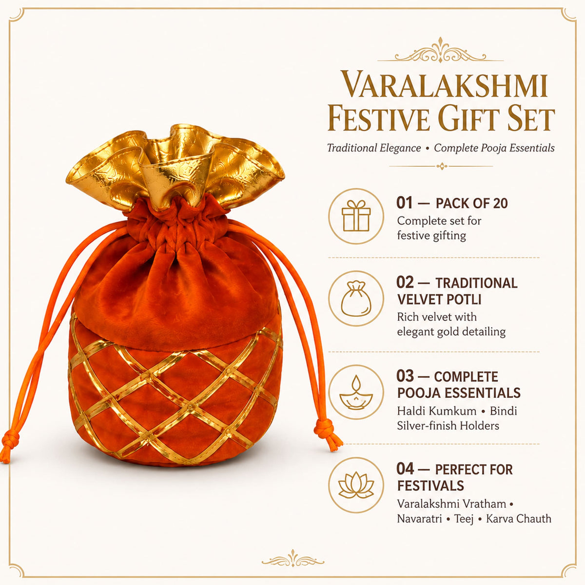 Orangish-red velvet potli bag with golden drawstring and crisscross gold trim for varalakshmi vratham gift hamper