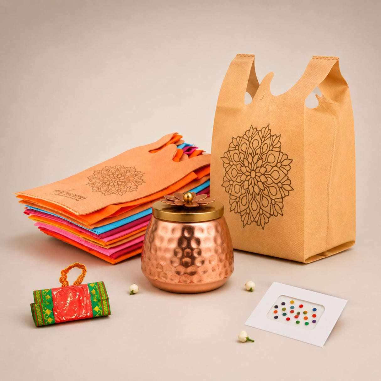 Hammered copper incense burner with golden floral lid included in varalakshmi vratham gift hamper for hindu pooja rituals