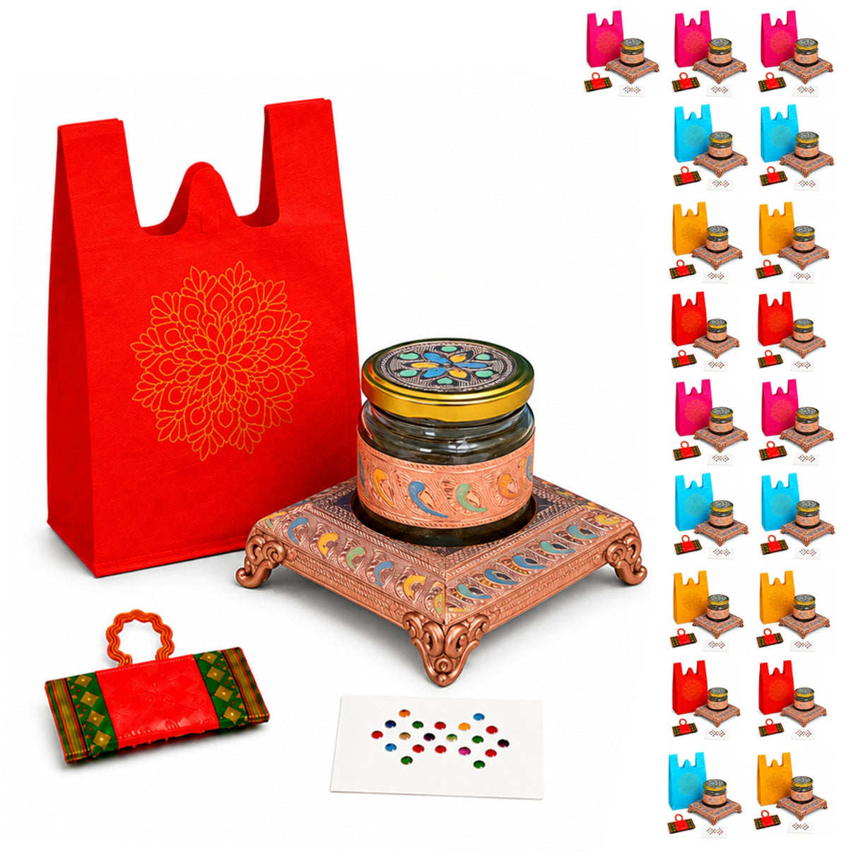 Ornate copper-colored stand with floral and crescent moon designs holding a glass jar with gold and colorful enamel lid in varalakshmi vratham gift hamper for women