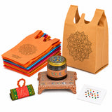Ornate copper-colored floral engraved stand holding a colorful mosaic glass jar with golden lid in varalakshmi vratham gift hamper