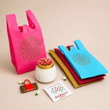 Bright pink reusable tote bag with gold foil mandala design for Varalakshmi Vratham gift hamper and religious pooja use