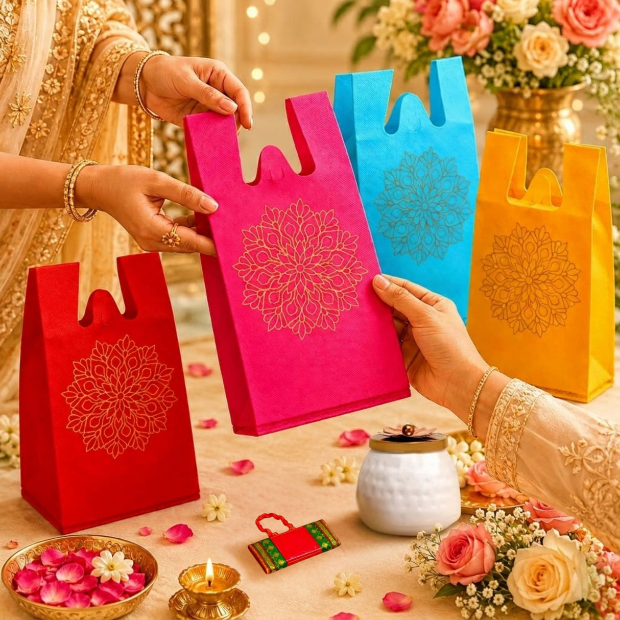 Vibrant reusable paper gift bags in red pink blue and yellow with intricate gold foil mandala design for religious occasions