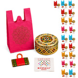 Vibrant pink non-woven paper gift bag with intricate red mandala design for varalakshmi vratham gift hamper for women