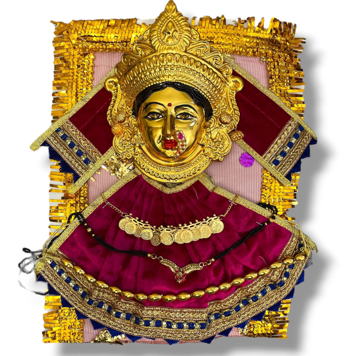 Ornate golden Hindu deity wall hanging depicting Goddess Vara Lakshmi with jewelry
