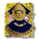 Golden Hindu deity wall hanging featuring Goddess Varalaxmi adorned with jewelry and velvet dress for religious ceremonies