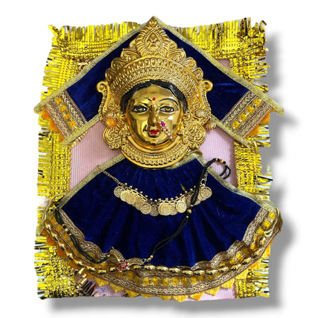 Golden Hindu deity wall hanging featuring Goddess Varalaxmi adorned with jewelry and velvet dress for religious ceremonies