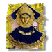 Golden Hindu deity wall hanging featuring Goddess Varalaxmi adorned with jewelry and velvet dress for religious ceremonies