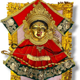 Gilded Hindu deity wall hanging depicting Goddess Lakshmi with jewelry and velvet dress