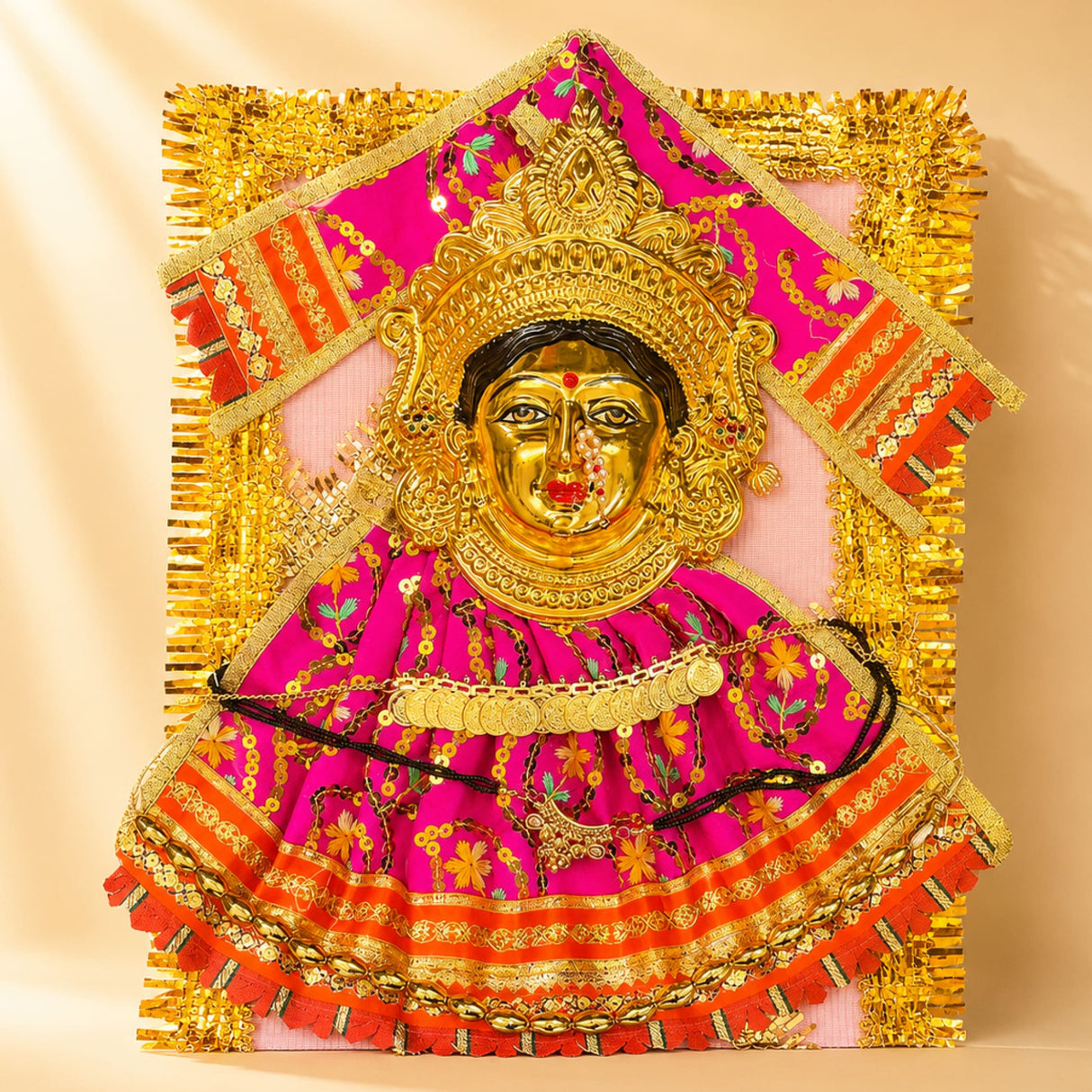 Varalaxmi goddess face set featuring vibrant pink and gold embroidered deity portrait with sequins and fringe border