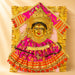 Varalaxmi goddess face set featuring vibrant pink and gold embroidered deity portrait with sequins and fringe border