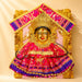 A vibrant pink and gold embroidered Varalaxmi goddess face set with sequins and golden crown for Navaratri pooja