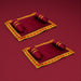 Pack of 2 maroon velvet prayer mats with gold borders and cushions for Laddu Gopal