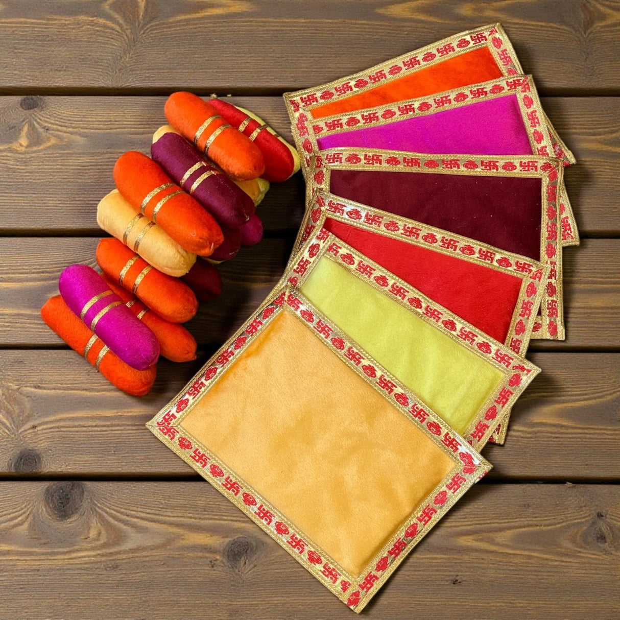 Vibrant embroidered velvet placemats for Laddu Gopal pooja idols, 9x6.5 inch