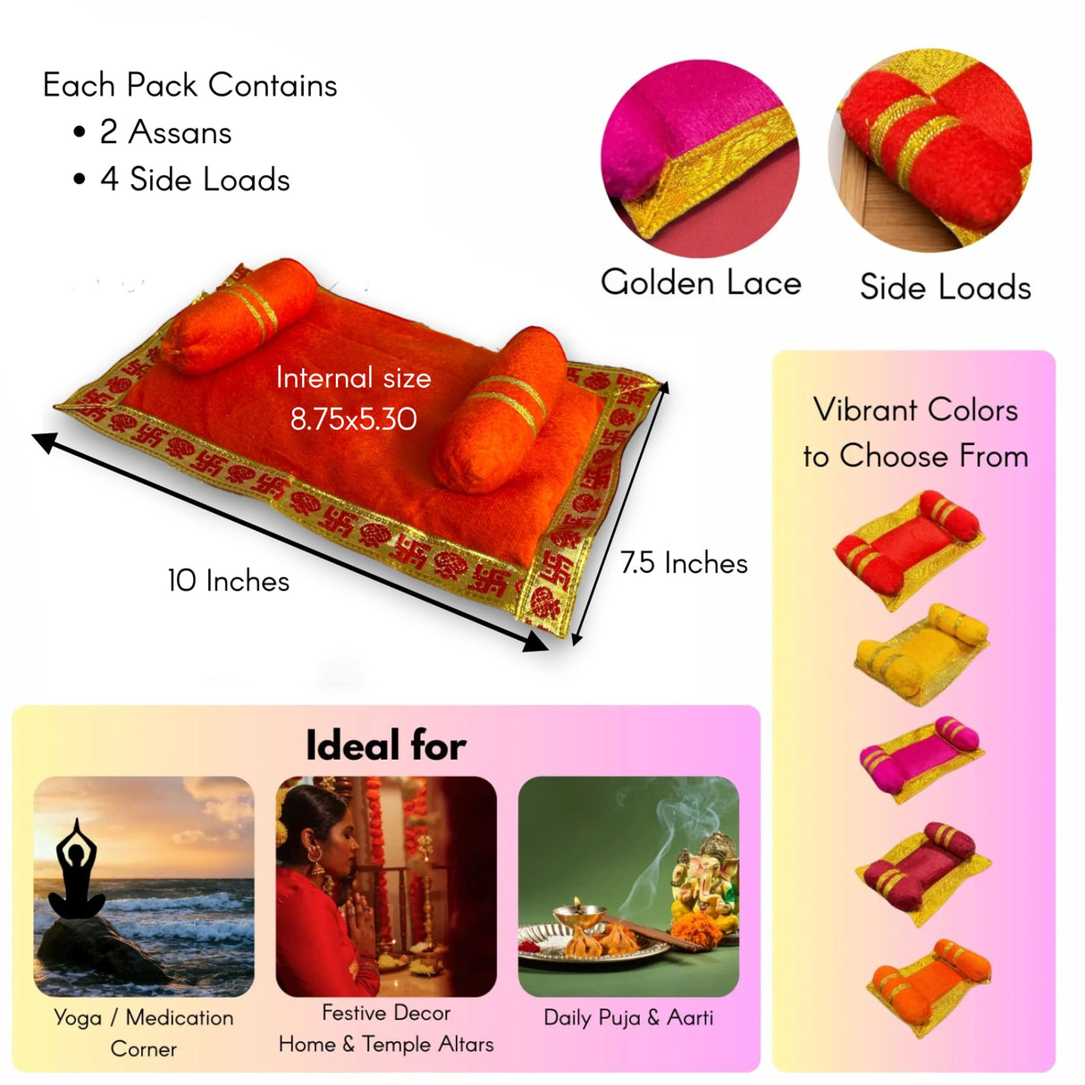Pack of 2 vibrant orange velvet asan pillows with golden lace for Laddu Gopal idols