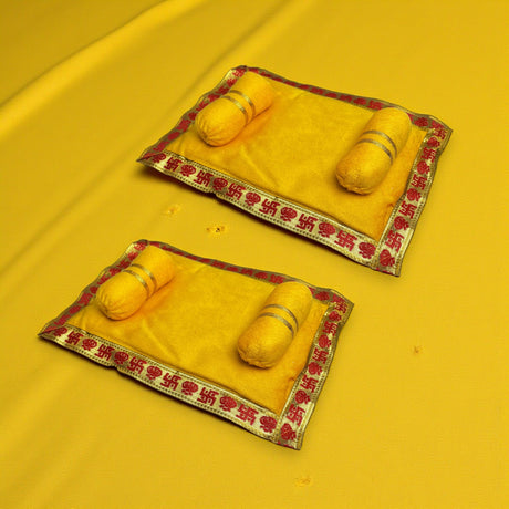 Pack of 2 yellow satin prayer mats with embroidered red gold borders and cushions