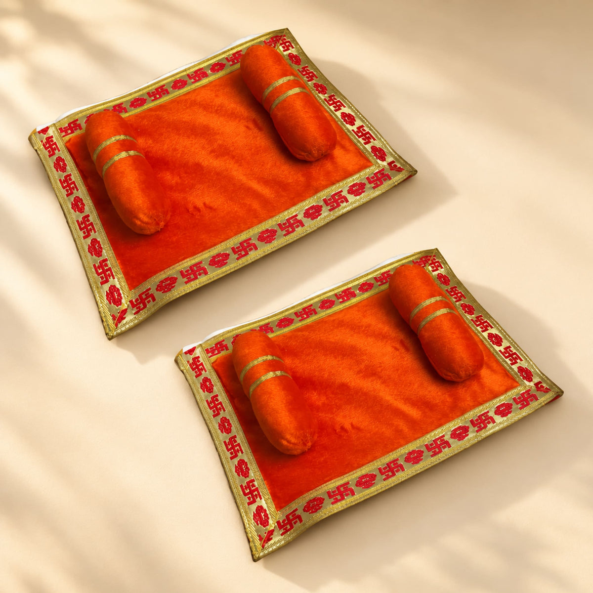 Pack of 2 orange velvet pooja aasan and pillow set with gold embroidery for laddu gopal traditional prayer rituals