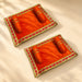 Pack of 2 orange velvet pooja aasan and pillow set with gold embroidery for laddu gopal traditional prayer rituals