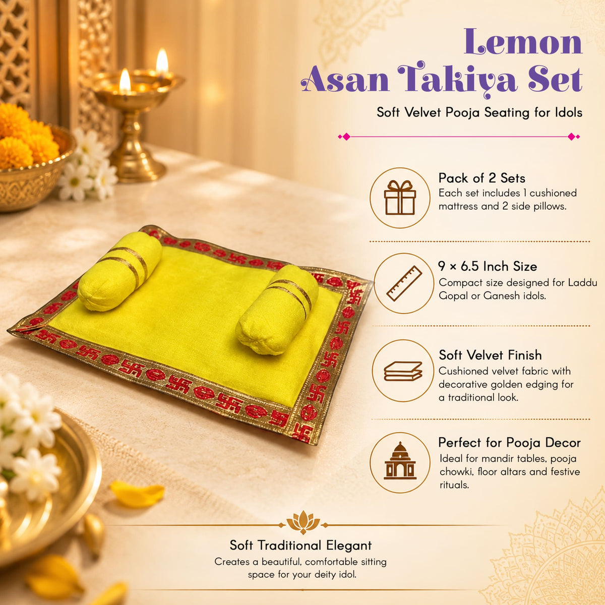 Lemon-colored soft velvet asan takiya set with golden edging and two matching pillows for traditional pooja rituals