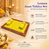 Lemon-colored soft velvet asan takiya set with golden edging and two matching pillows for traditional pooja rituals