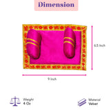 Pack of 2 vibrant pink velvet pooja aasan and pillow set with gold trim and traditional swastika pattern for laddu gopal rituals
