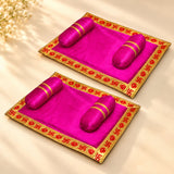 Pack of 2 velvet pooja aasan and pillow set in vibrant magenta satin with gold trim for traditional indian prayer rituals