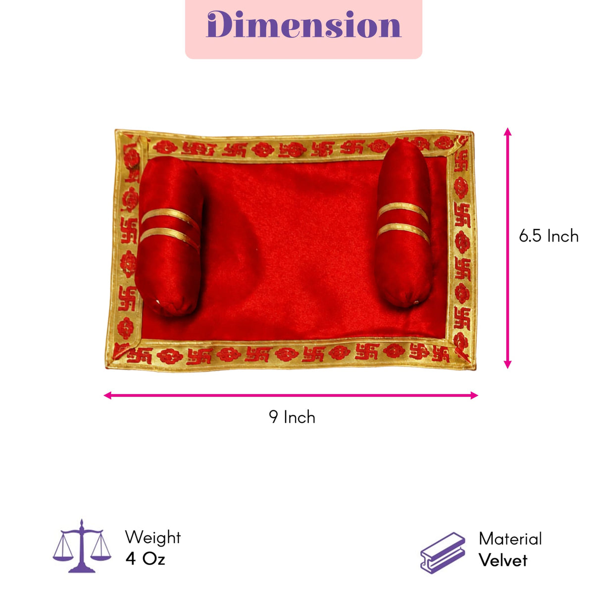 Pack of 2 velvet pooja aasan and pillow set with red velvet prayer mat and gold embroidered borders for festival rituals