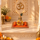 Golden baby deity figurine with jewelry and peacock feather crown seated on red velvet pooja aasan for laddu gopal