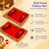 Pack of 2 red velvet pooja asan and pillow set with golden embroidered borders for laddu gopal diwali rituals