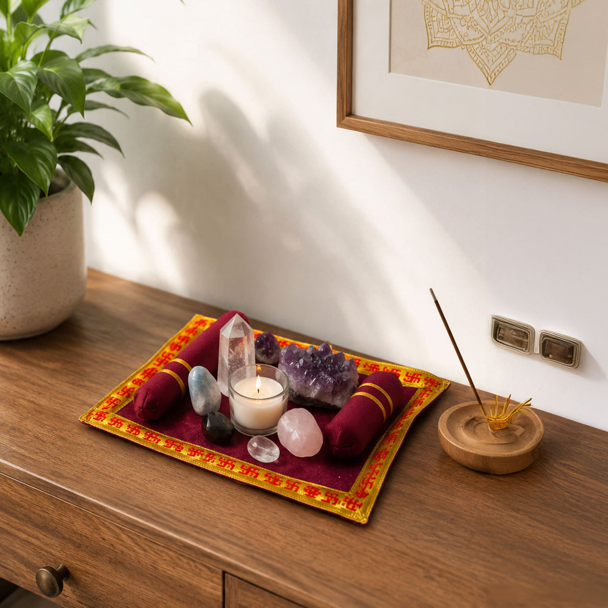 Maroon and gold embroidered velvet pooja aasan with crystals and gemstones for laddu gopal festival rituals