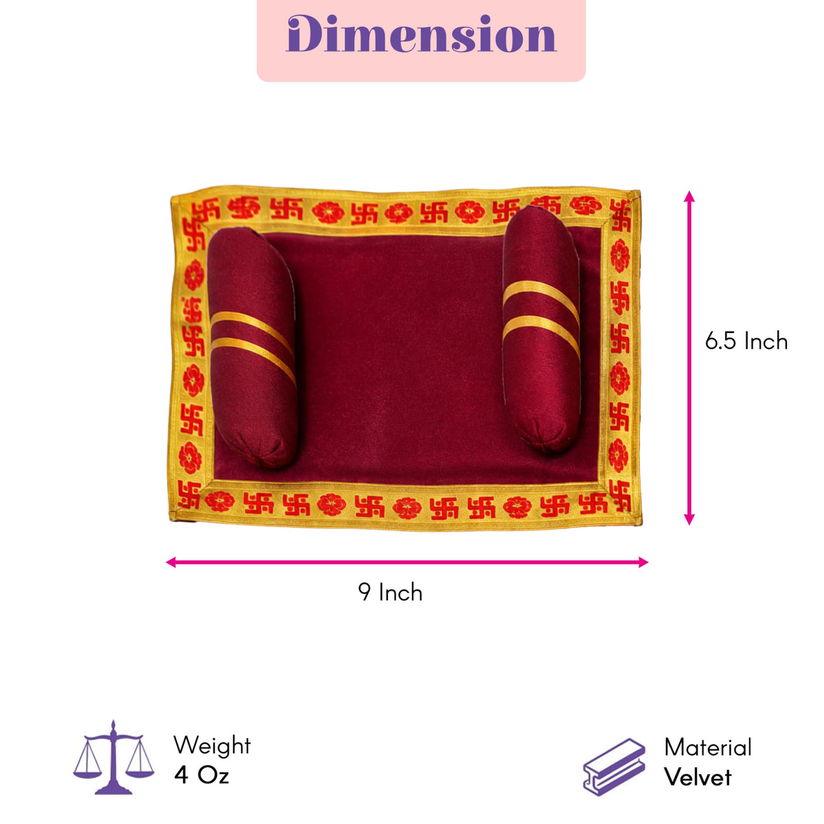 Pack of 2 velvet pooja aasan and pillow set in rich maroon with gold trim and red swastika border for laddu gopal rituals