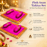 Pink velvet asan takiya set with golden embroidered border and matching pillows for laddu gopal pooja rituals