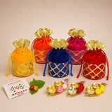 Vibrant velvet drawstring pouches with gold lattice detailing and golden flaps for varalakshmi vratham gift hamper and pooja use