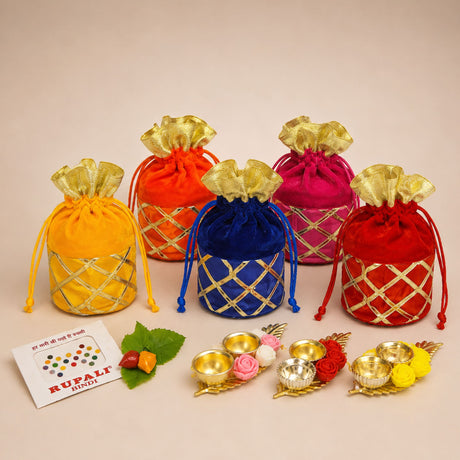 Vibrant velvet drawstring pouches with gold lattice detailing and golden flaps for varalakshmi vratham gift hamper and pooja use