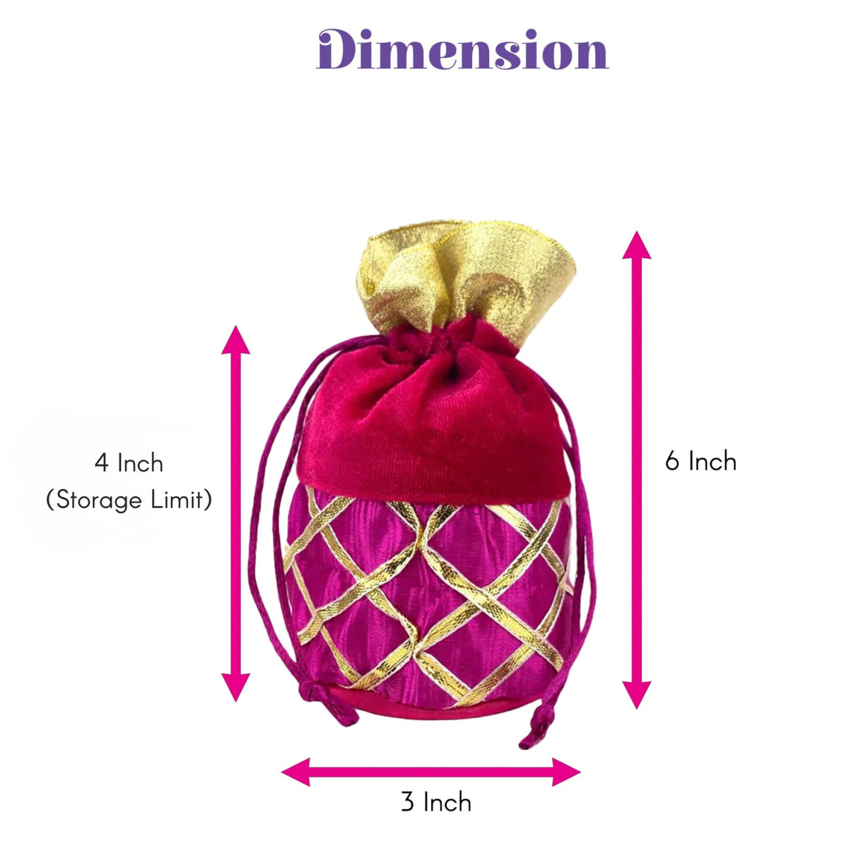 A vibrant magenta velvet potli bag with gold lattice gotta patti work and drawstring closure for festive occasions