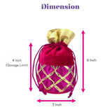 A vibrant magenta velvet potli bag with gold lattice gotta patti work and drawstring closure for festive occasions