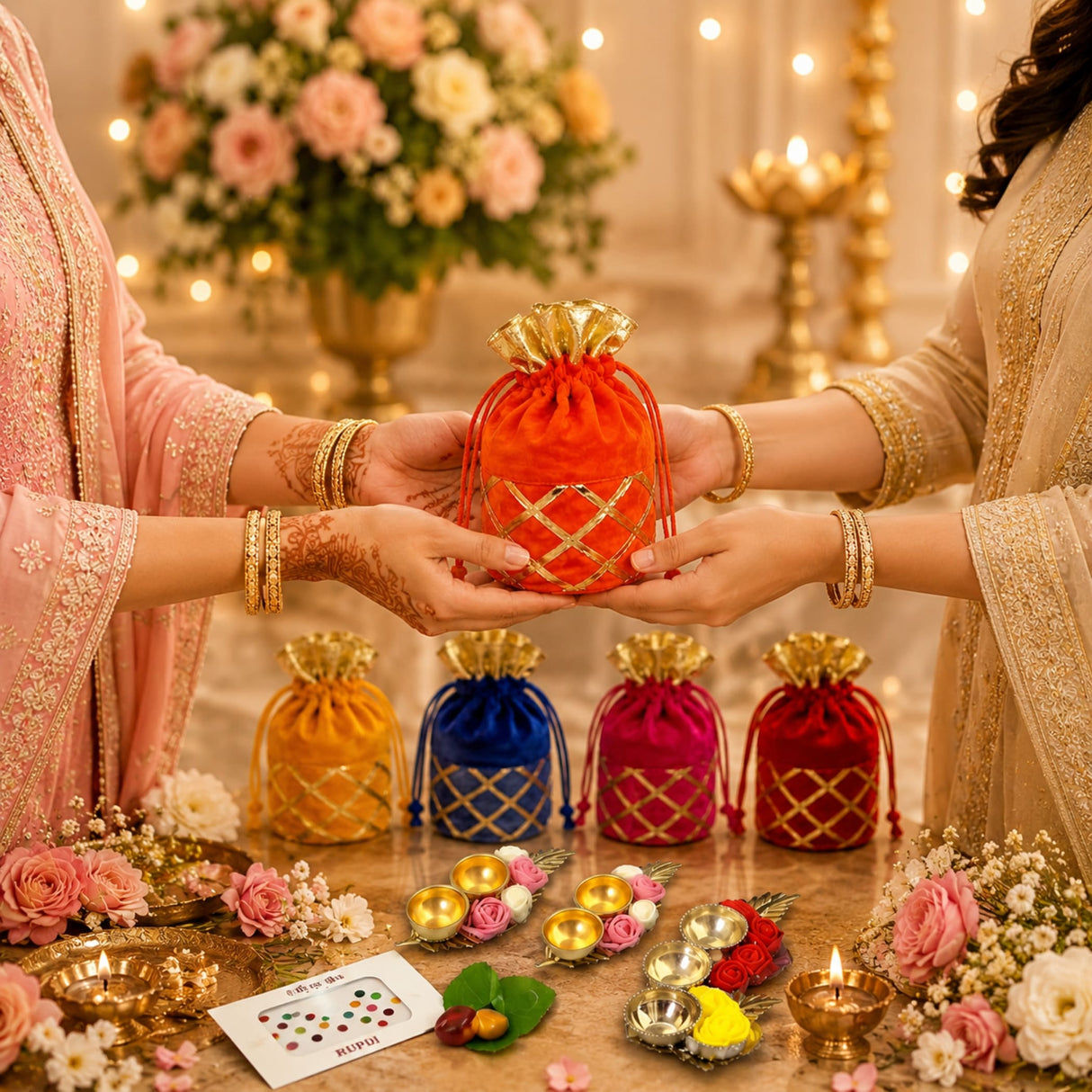 Orange velvet drawstring potli bag with gold lattice gota patti embroidery and matching golden top for festive use