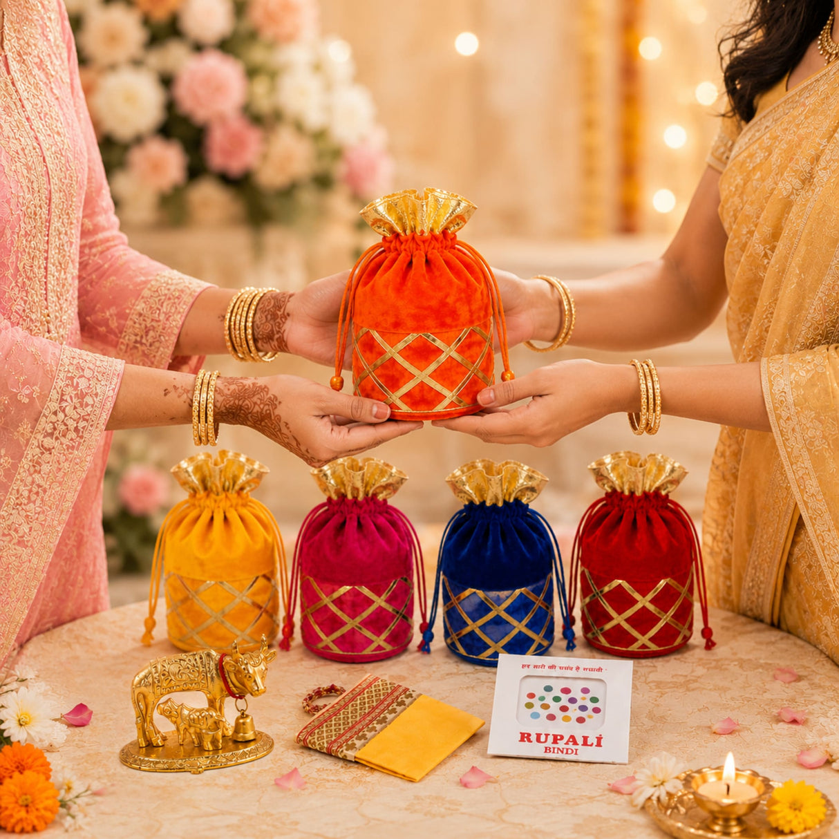 Orange velvet potli bag with gold metallic lattice pattern and golden rim for festive pooja wedding return gifts