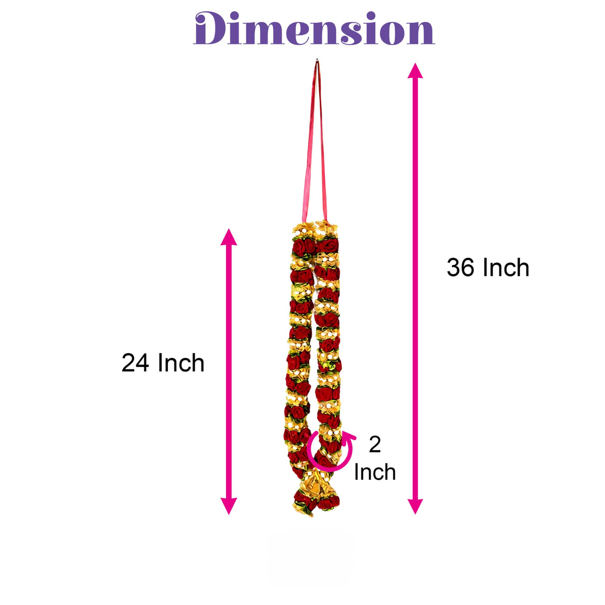 A 36-inch traditional floral garland with alternating red and gold artificial velvet flowers suspended by pink ribbon