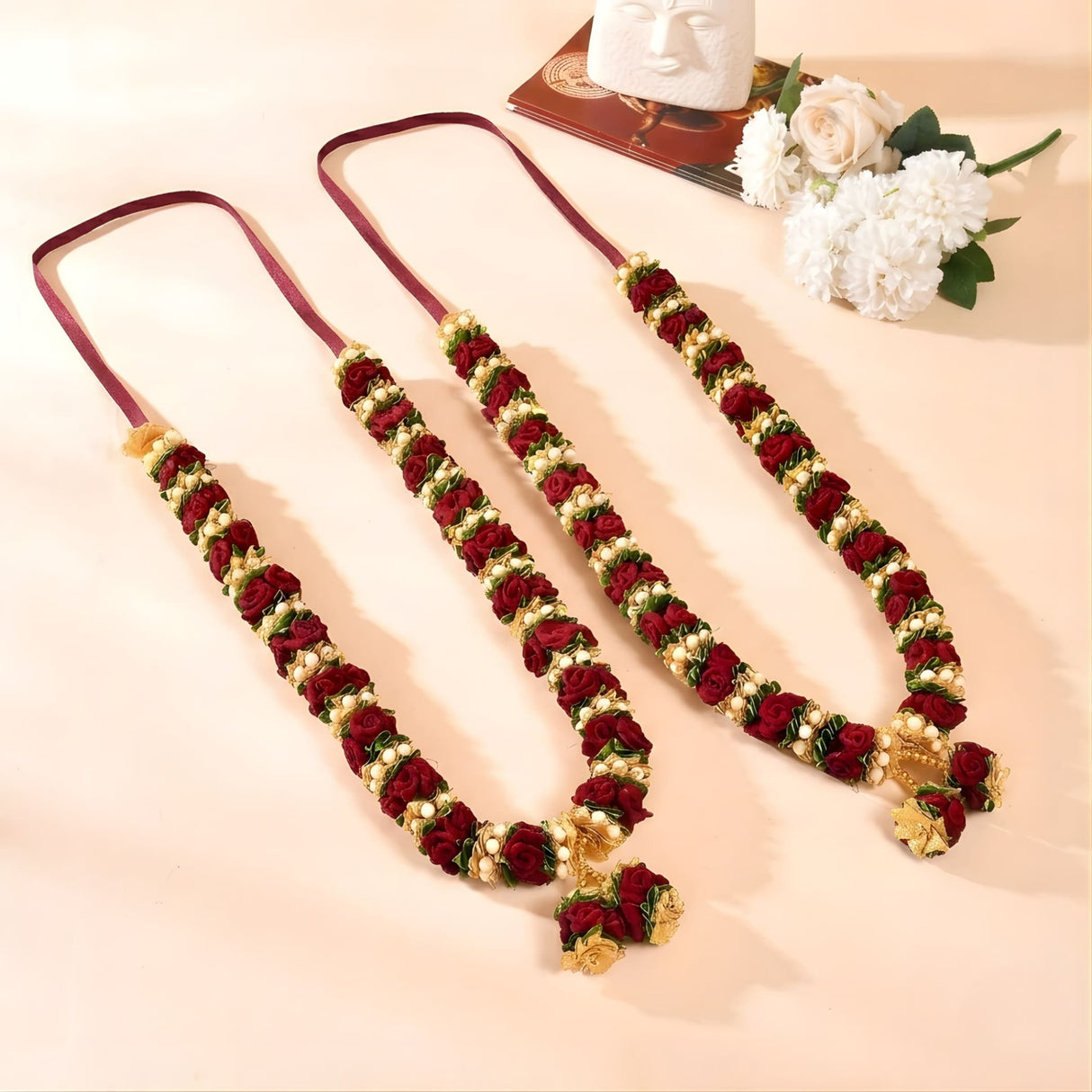 Elegant red and green 24 inch varmala wedding garlands with pearl accents made from artificial velvet for Indian ceremonies