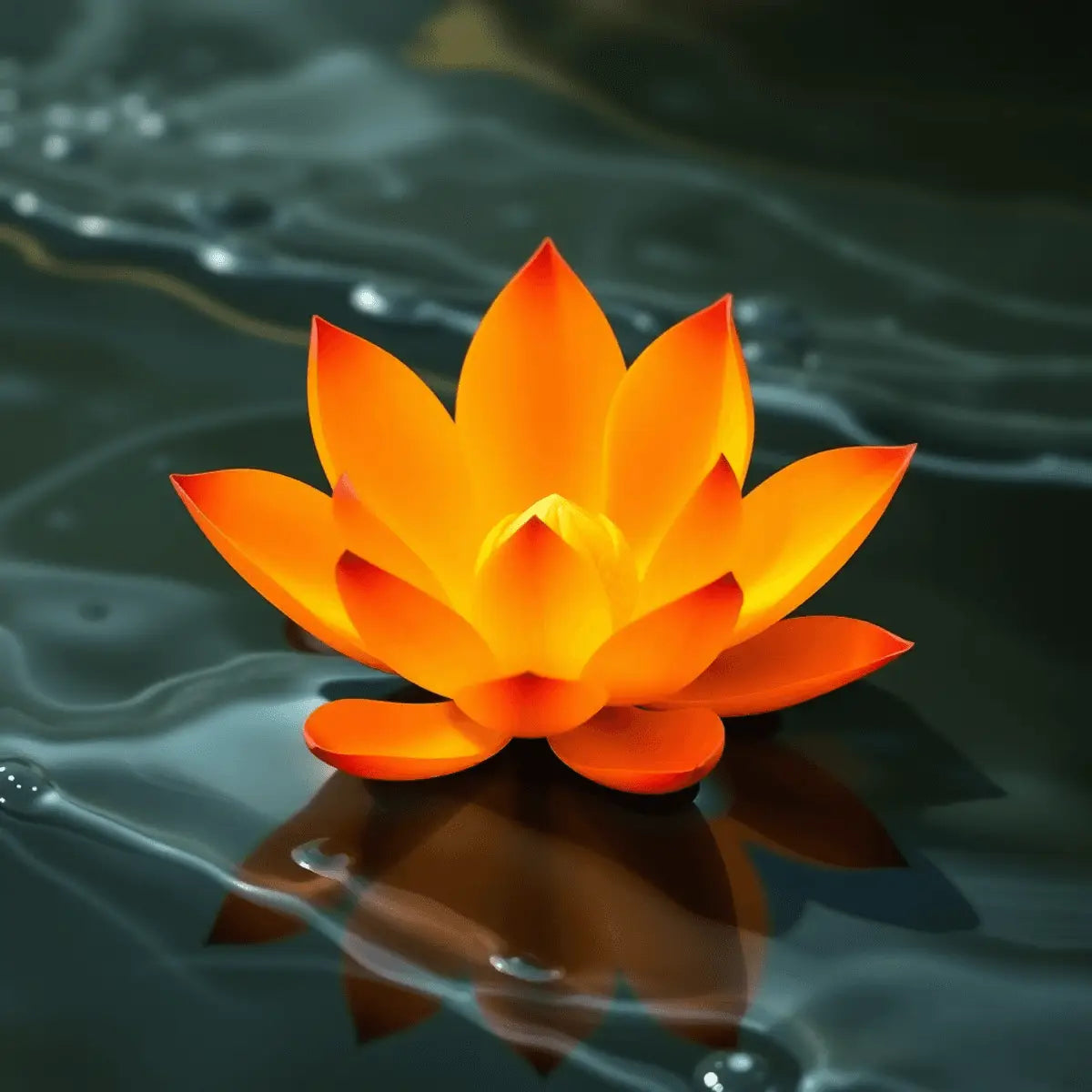 A vibrant orange lotus flower blooms in calm, flowing water, surrounded by gentle waves, symbolizing emotional well-being and creativity.