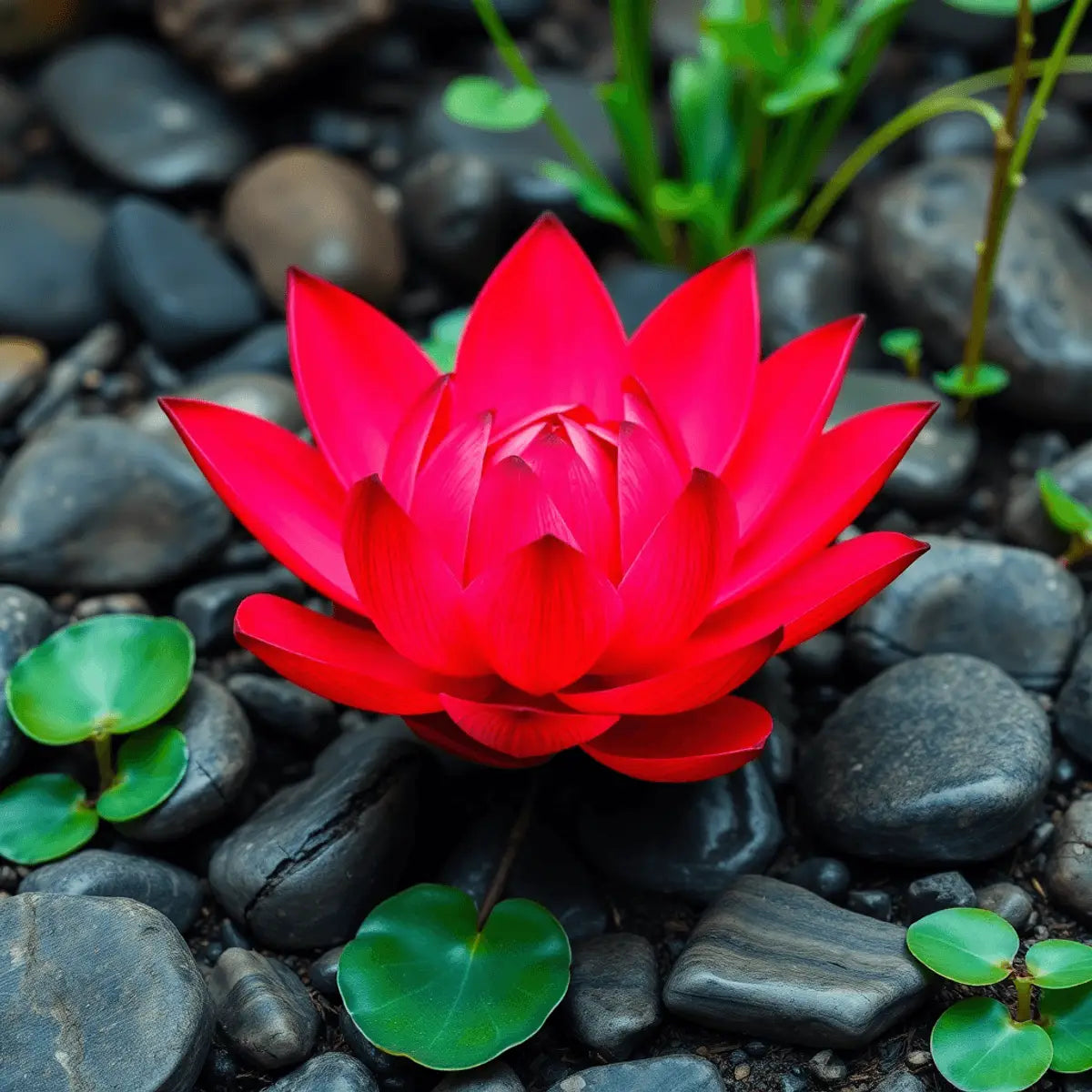 A vibrant red lotus flower surrounded by stones and green plants, symbolizing the Root Chakra, exuding a sense of grounding and stability.