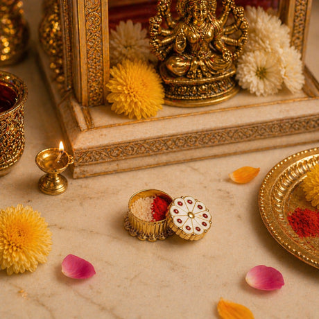 Gold and white ornate plastic holder with red accents open to reveal white and red powders for ritual use