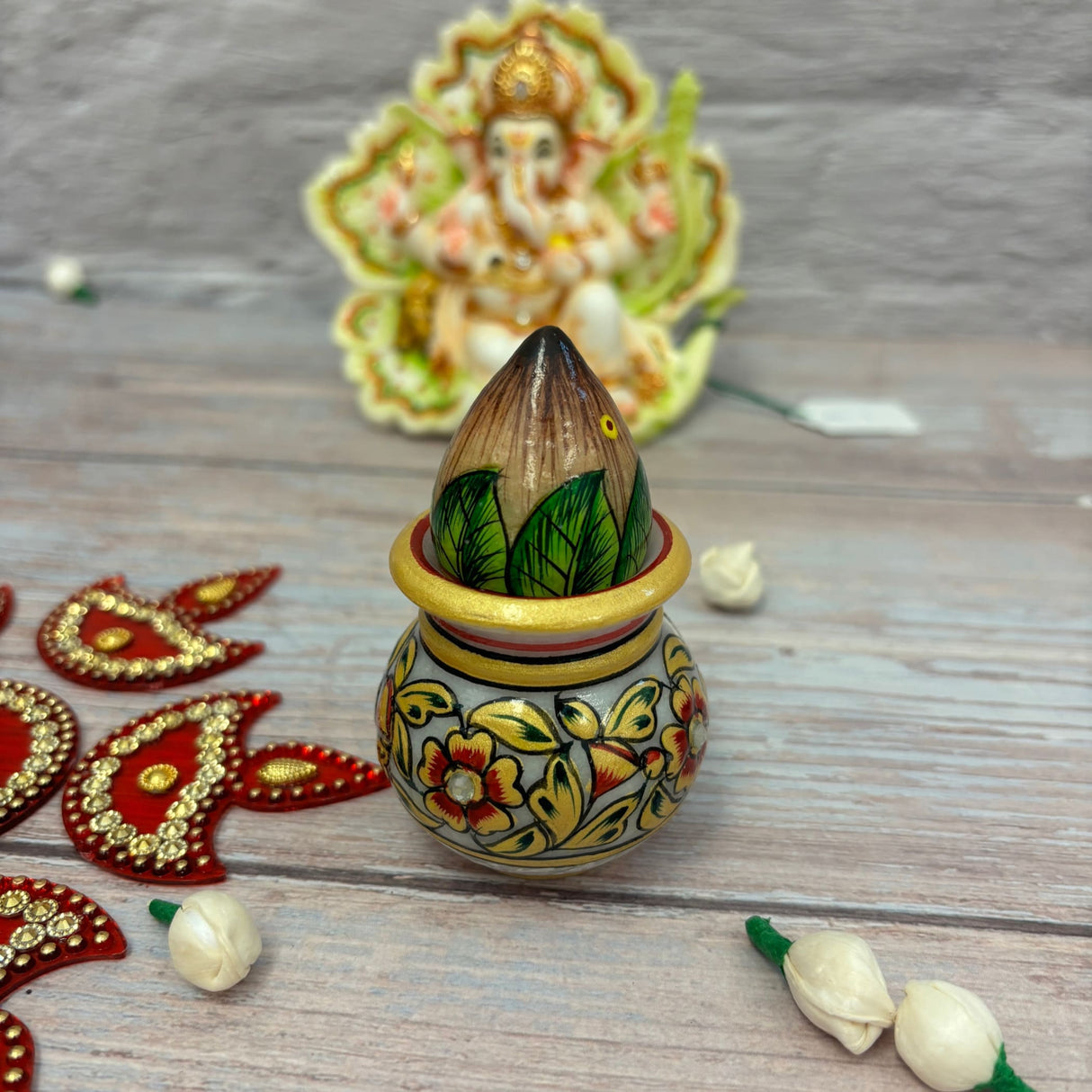 White marble kalash indian mangal decorated coconut