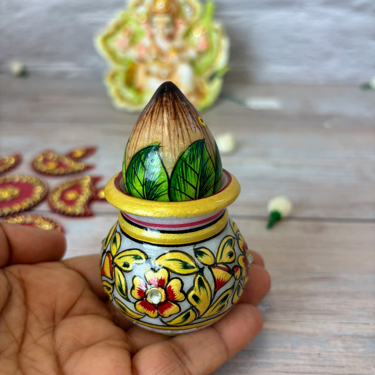 White marble kalash indian mangal decorated coconut