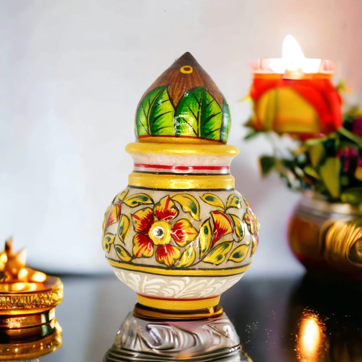 White Marble Kalash Mini Mangal with Decorated Coconut