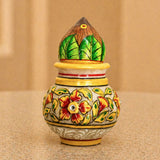 Hand-painted ceramic white marble kalash with conical lid, vibrant floral patterns for wedding and festival decor