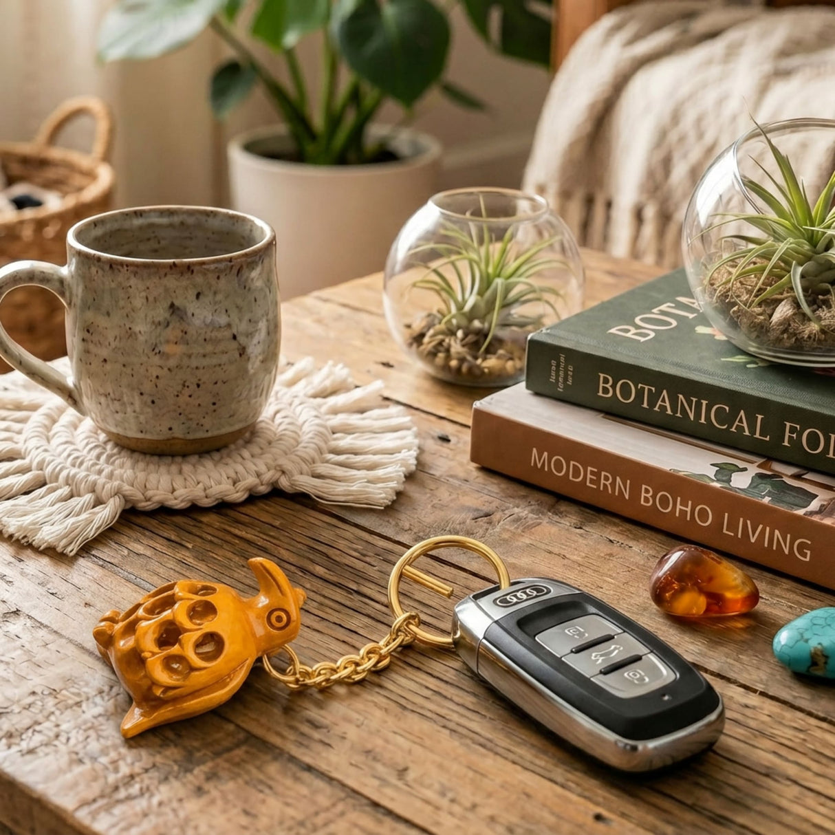 Gold turtle-shaped keychain attached to car key fob as part of 4pc wooden keychain set for thanksgiving gift