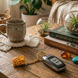 Golden owl wooden keychain with intricate carved details attached to a gold chain for thanksgiving key holder set